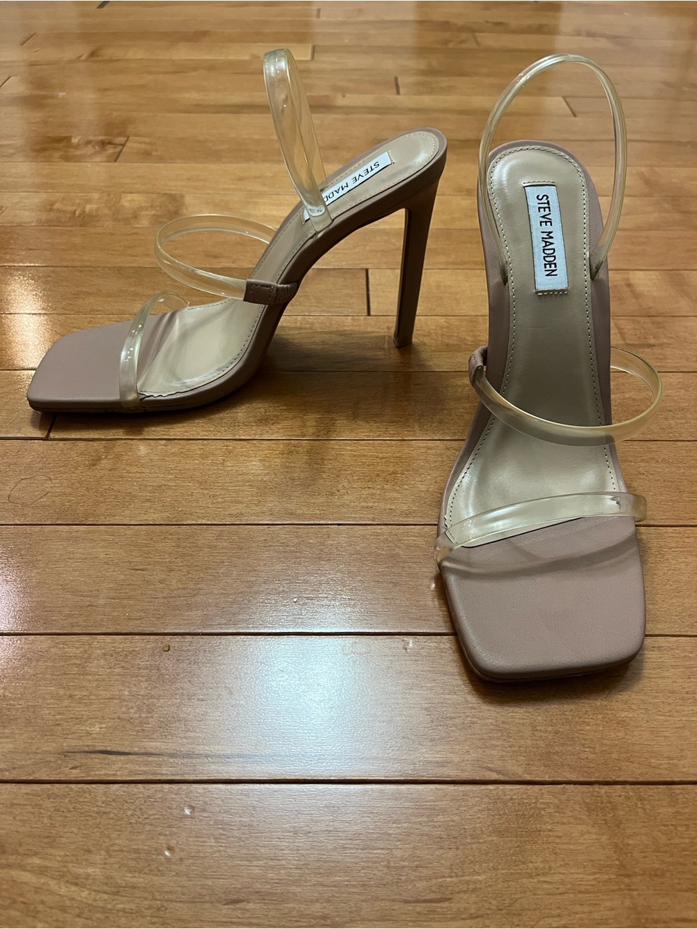 Steve Madden Blush Nude Square-Toe Clear-Strap Stiletto Sandals